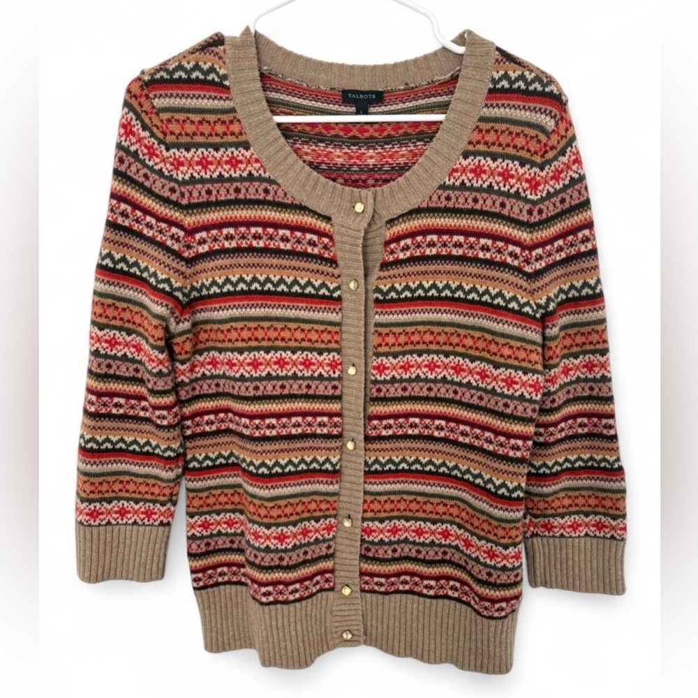Talbots Fair‎ Isle Wool Blend Cardigan Sweater Large 3/4 Sleeve Classic Nordic